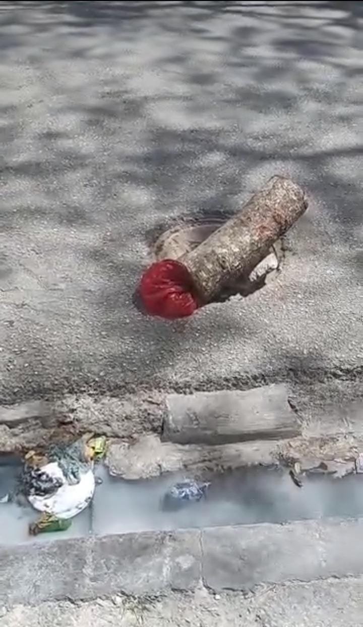 Denuncian hoyo cubierto con un tronco en la calle Juan Bautista Morel.