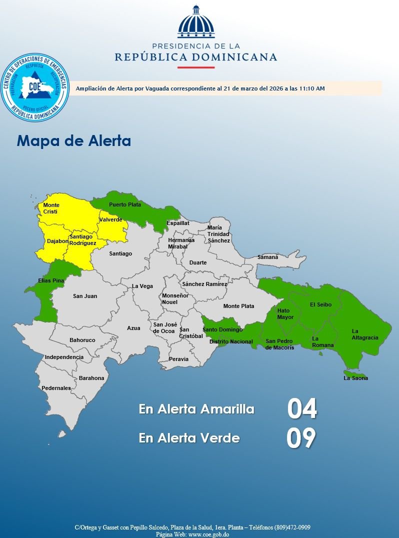 COE coloca a La Romana en alerta verde por lluvias; varias provincias en amarilla.