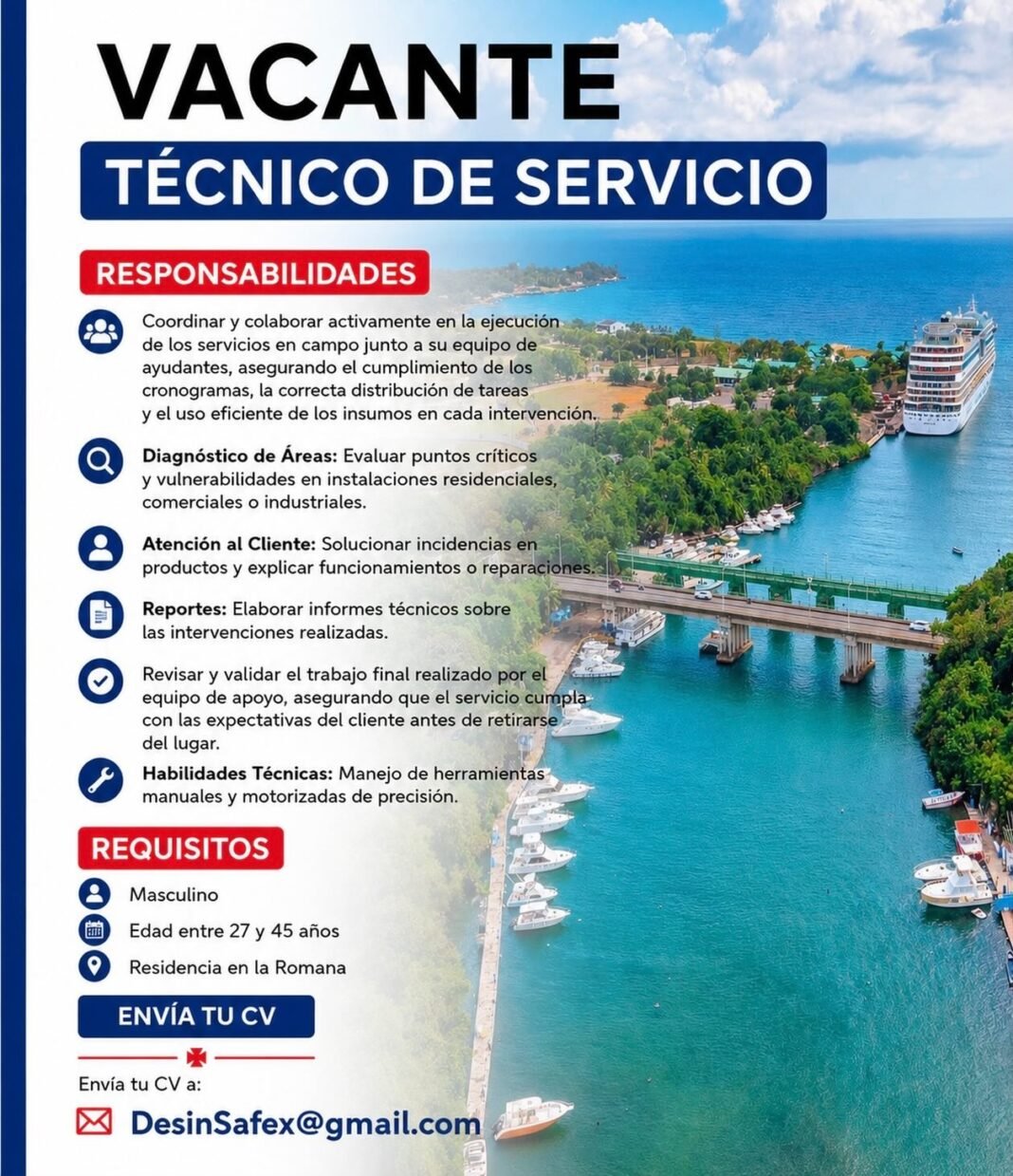 Oportunidad laboral disponible en La Romana para técnico de servicio.