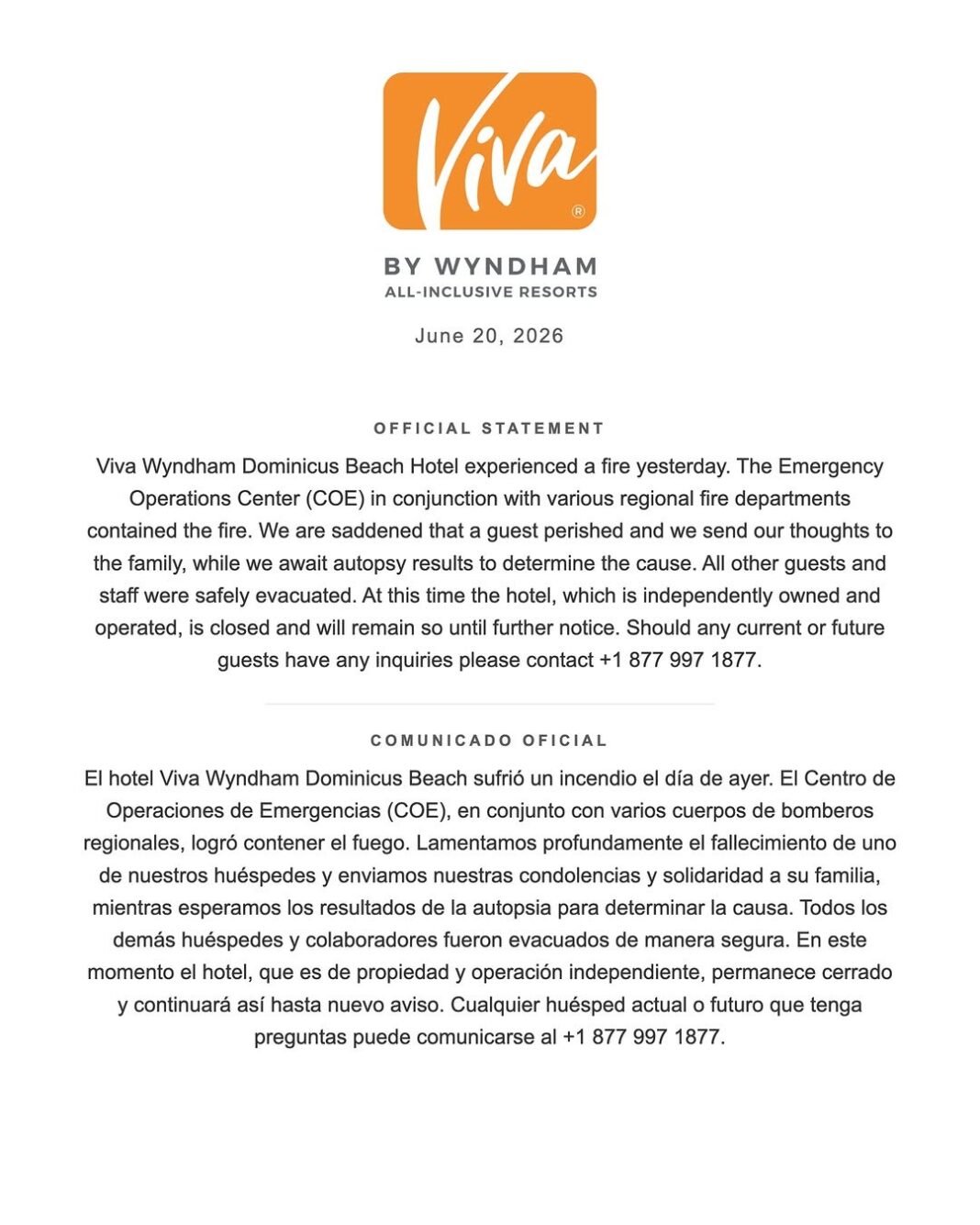 HOTEL VIVA WYNDHAM DOMINICUS BEACH CONFIRMA FALLECIMIENTO DE HUÉSPED TRAS INCENDIO.