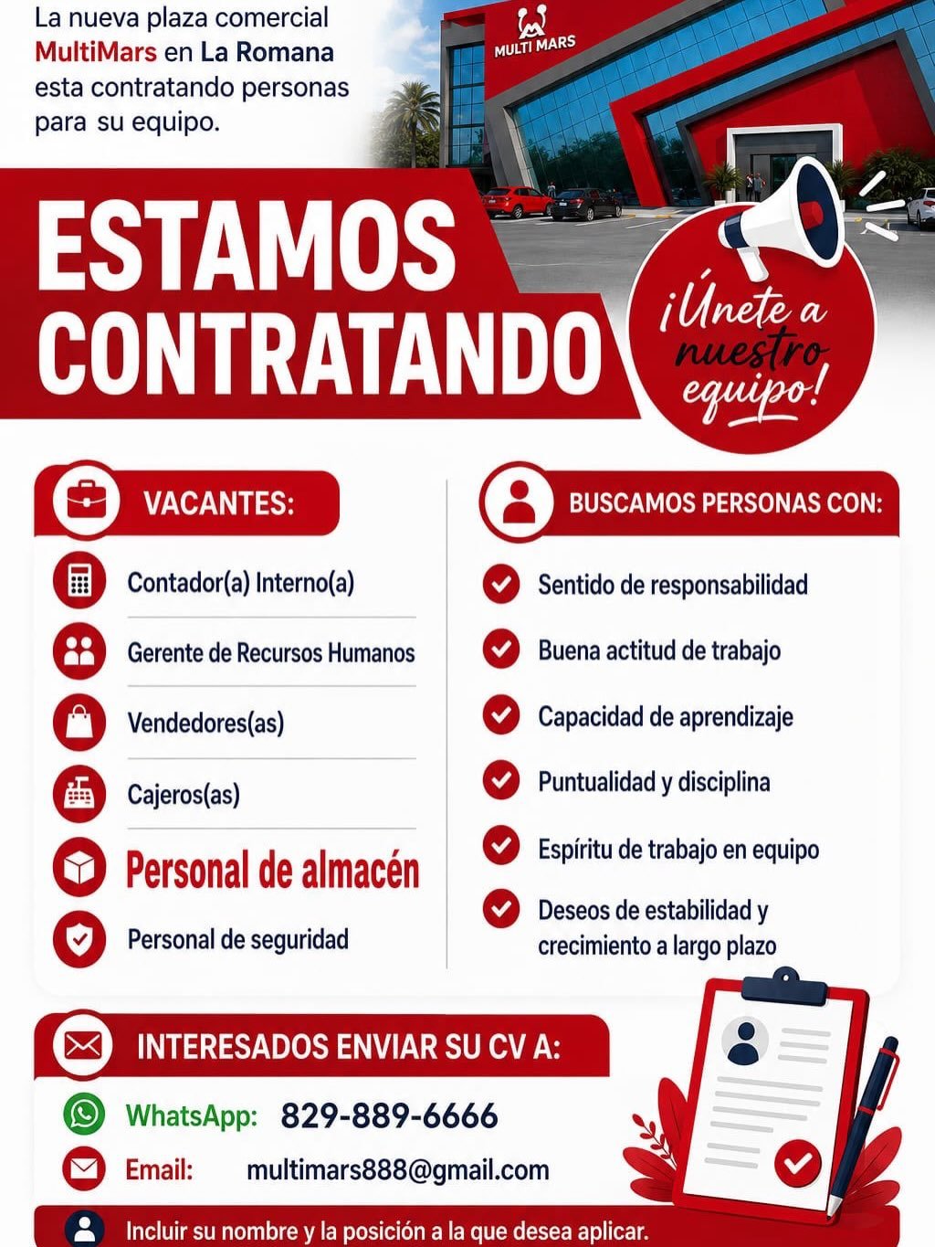 NUEVA PLAZA COMERCIAL MULTIMARS ABRE VACANTES DE EMPLEO EN LA ROMANA.